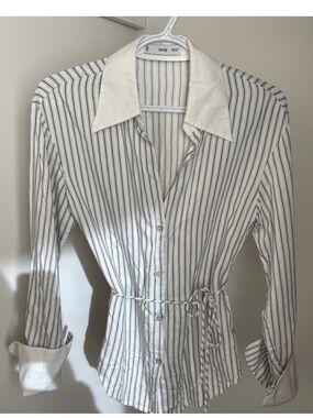 Mango White and Black Striped Button-Down Blouse